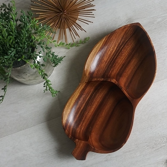 Vintage Leilani Monkey-Pod Wood Tray leaf divided - Picture 5 of 8